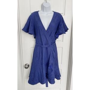 City Chic Dress Size 16 Royal Blue Lace Short Flutter Sleeve Knee Length Belted